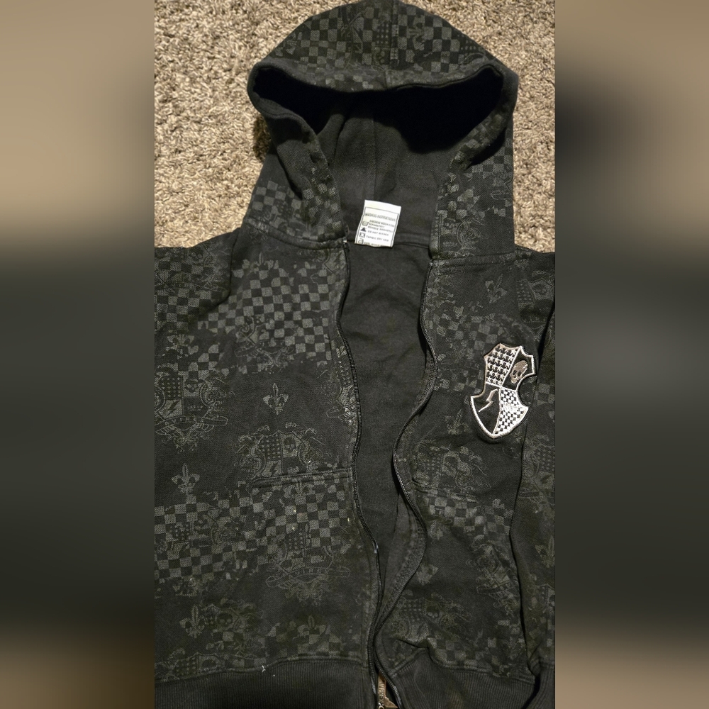 Avirex black & gray unisex skull checkered skate hoodie szS - Picture 3 of 6